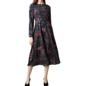 Hobbs Chloe Black Floral Print Long Sleeve Midi Dress Fully Lined Size 6 Excelle